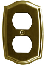 Load image into Gallery viewer, Antique Brass Plated Wallplate, polished sheen finish, elegant Colonial curved pattern, single duplex receptacle outlet cover, lacquered coated for durability, 4 1/8" x 2.875, 10.48cm x 11.75cm