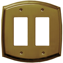 Load image into Gallery viewer, Antique Brass Plated Wallplate, polished sheen finish, elegant Colonial curved pattern, double rocker decora configuration. 4 1/8" x 4.625", 10.48cm x 11.75cm