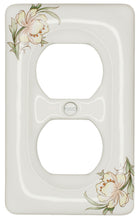 Load image into Gallery viewer, Kiln-fired gloss white genuine porcelain wall plate with One of a Kind Delicate Pink and Yellow Floral pattern for bathroom, spa, or kitchen. high quality and durability. Duplex Receptacle configuration. Screws Included. Do not over-tighten screws to avoid cracking the plate. Do not use automatic screwdrivers.