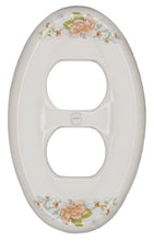 Load image into Gallery viewer, Kiln fired gloss white ceramic porcelain wall plate. One of a Kind charming Victorian Peach Bouquet floral pattern on an oval cover plate for bathroom, spa, or kitchen. High quality and durability. Stays white and gleaming for years to come. Duplex Receptacle cover plate configuration. Screws Included. Easy to clean with a damp cloth. Do not over tighten screws to avoid cracking the plate. Do not use automatic screwdrivers.