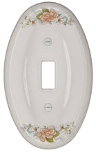 Load image into Gallery viewer, Kiln fired gloss white ceramic porcelain wall plate. One of a Kind charming Victorian Peach Bouquet floral pattern on an oval cover plate for bathroom, spa, or kitchen. High quality and durability. Stays white and gleaming for years to come. Single Toggle cover plate configuration. Screws Included. Easy to clean with a damp cloth. Do not over tighten screws to avoid cracking the plate. Do not use automatic screwdrivers.