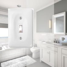 Load image into Gallery viewer, Kiln fired glossy white ceramic porcelain wall plate will accent your bath, spa, or kitchen, or any room where you desire a clean, expensive look that is easy to clean and stays sparkling white forever. A timeless and versatile accent that will prove its durability, high quality and beauty for years to come. Screws Included. Be careful not to over-tighten screws to avoid cracking the plate. Do not use automatic screwdrivers. Electrical Cover Plate size: 2 3/4" x 4 1/2", 6.98cm x 11.43cm.
