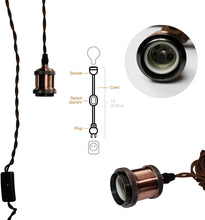 Load image into Gallery viewer, Pendant Light Cord Kit 15'(4.57m) Fexible Twisted Fabric Cord- LA204 PENDANT LIGHT KIT - Brown Twisted Fabric Cord 15' (4.57m), with Rocker Switch & Plug. 2 SOCKET RINGS - Medium Base Socket. -Rocker Switch On/Off . INDOOR USE ONLY - Use for Kitchen, Den, Loft, Cottage, Party Room, Bar, Family Room to decorate any event. MAXIMUM VOLTAGE - Use Max. 60W 120V Bulb (Not Included) FLEXIBLE TWISTED FABRIC CORD - Plug-in, Easy to Install.