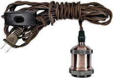 Load image into Gallery viewer, Pendant Light Cord Kit 15'(4.57m) Fexible Twisted Fabric Cord- LA204 PENDANT LIGHT KIT - Brown Twisted Fabric Cord 15' (4.57m), with Rocker Switch & Plug. 2 SOCKET RINGS - Medium Base Socket. -Rocker Switch On/Off . INDOOR USE ONLY - Use for Kitchen, Den, Loft, Cottage, Party Room, Bar, Family Room to decorate any event. MAXIMUM VOLTAGE - Use Max. 60W 120V Bulb (Not Included) FLEXIBLE TWISTED FABRIC CORD - Plug-in, Easy to Install.