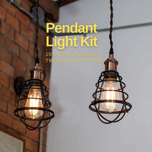Load image into Gallery viewer, Pendant Light Cord Kit 15'(4.57m) Fexible Twisted Fabric Cord- LA204 PENDANT LIGHT KIT - Brown Twisted Fabric Cord 15' (4.57m), with Rocker Switch & Plug. 2 SOCKET RINGS - Medium Base Socket. -Rocker Switch On/Off . INDOOR USE ONLY - Use for Kitchen, Den, Loft, Cottage, Party Room, Bar, Family Room to decorate any event. MAXIMUM VOLTAGE - Use Max. 60W 120V Bulb (Not Included) FLEXIBLE TWISTED FABRIC CORD - Plug-in, Easy to Install.