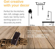 Load image into Gallery viewer, Pendant Light Cord Kit 15'(4.57m) Fexible Twisted Fabric Cord- LA204 PENDANT LIGHT KIT - Brown Twisted Fabric Cord 15' (4.57m), with Rocker Switch & Plug. 2 SOCKET RINGS - Medium Base Socket. -Rocker Switch On/Off . INDOOR USE ONLY - Use for Kitchen, Den, Loft, Cottage, Party Room, Bar, Family Room to decorate any event. MAXIMUM VOLTAGE - Use Max. 60W 120V Bulb (Not Included) FLEXIBLE TWISTED FABRIC CORD - Plug-in, Easy to Install.