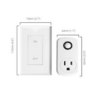 Load image into Gallery viewer, A picture of an On/Off wall-switch and it's plug-in receiver with text and lines measuring out the devices dimensions. The wall-switch measuring out to be 70 millimeters (2.7 inches) wide and 115 millimeters (4.5 inches) high. The plug-in receiver measuring out to be 44 millimeters (1.7 inches ) wide and 82 millimeters (3.3 inches) high.