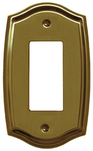 Antique Brass Plated Wallplate, polished sheen finish, elegant Colonial curved pattern, single rocker decora  configuration.  4 1/8