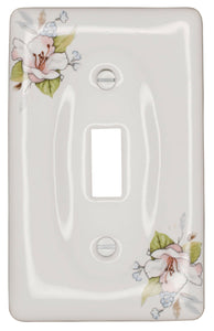 Kiln-fired gloss white ceramic porcelain wall plate with One of-a Kind Pink Floral pattern for bathroom, spa, or kitchen. high quality and durability. Single Toggle configuration. Screws Included. Do not over-tighten screws to avoid cracking the plate. Do not use automatic screwdrivers.