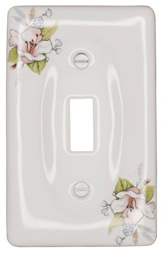 Kiln-fired gloss white ceramic porcelain wall plate with One of-a Kind Pink Floral pattern for bathroom, spa, or kitchen. high quality and durability. Single Toggle configuration. Screws Included. Do not over-tighten screws to avoid cracking the plate. Do not use automatic screwdrivers.