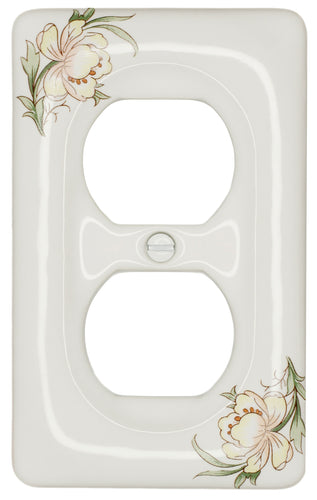 Kiln-fired gloss white genuine porcelain wall plate with One of a Kind Delicate Pink and Yellow Floral pattern for bathroom, spa, or kitchen. high quality and durability. Duplex Receptacle configuration. Screws Included. Do not over-tighten screws to avoid cracking the plate. Do not use automatic screwdrivers.