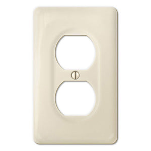 Kiln-fired gloss almond latte porcelain wall plate will accent your bath, spa, or kitchen, or any room where you desire a clean, expensive look that is easy to clean and stays sparkling white forever. Ceramic Porcelain.  Duplex receptacle configuration. A timeless and versatile accent that will prove its durability, high quality and beauty for years to come. Screws Included. Be careful not to over-tighten screws to avoid cracking the plate. Do not use automatic screwdrivers.