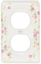 Load image into Gallery viewer, Kiln-fired gloss white  genuine porcelain wall plate with One of-a Kind pink Flowering Vine pattern for bathroom, spa, or kitchen. high quality and durability.  Duplex Receptacle configuration. Screws Included. Do not over-tighten screws to avoid cracking the plate. Do not use automatic screwdrivers.
