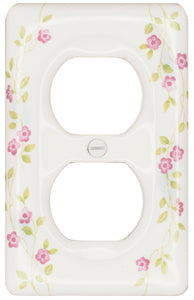 Kiln-fired gloss white  genuine porcelain wall plate with One of-a Kind pink Flowering Vine pattern for bathroom, spa, or kitchen. high quality and durability.  Duplex Receptacle configuration. Screws Included. Do not over-tighten screws to avoid cracking the plate. Do not use automatic screwdrivers.