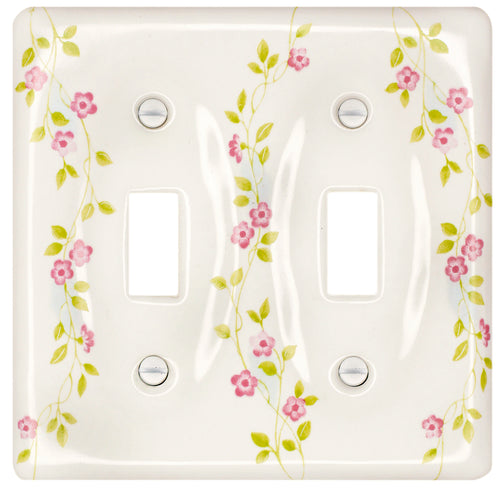 Kiln-fired gloss white genuine porcelain wall plate with One of-a Kind pink Flowering Vine pattern for bathroom, spa, or kitchen. high quality and durability. Double toggle configuration. Screws Included. Do not over-tighten screws to avoid cracking the plate. Do not use automatic screwdrivers