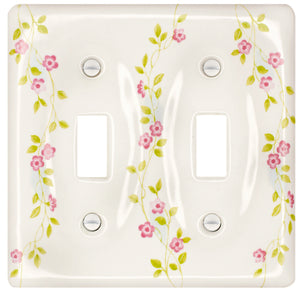 Kiln-fired gloss white genuine porcelain wall plate with One of-a Kind pink Flowering Vine pattern for bathroom, spa, or kitchen. high quality and durability. Double toggle configuration. Screws Included. Do not over-tighten screws to avoid cracking the plate. Do not use automatic screwdrivers