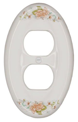 Kiln fired gloss white ceramic porcelain wall plate. One of a Kind charming Victorian Peach Bouquet floral pattern on an oval cover plate for bathroom, spa, or kitchen. High quality and durability. Stays white and gleaming for years to come. Duplex Receptacle cover plate configuration. Screws Included. Easy to clean with a damp cloth. Do not over tighten screws to avoid cracking the plate. Do not use automatic screwdrivers.