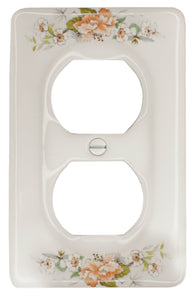 Kiln-fired gloss white genuine porcelain wall plate with One of-a Kind Peach Bouquet Floral pattern for bathroom, spa, or kitchen. high quality and durability. Duplex Receptacle configuration. Screws Included. Do not over-tighten screws to avoid cracking the plate. Do not use automatic screwdrivers.