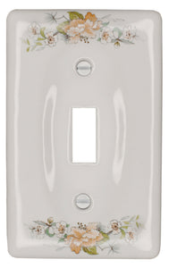 Kiln-fired gloss white genuine porcelain wall plate with One of-a Kind Peach Bouquet Floral pattern for bathroom, spa, or kitchen. high quality and durability. Single Toggle configuration. Screws Included. Do not over-tighten screws to avoid cracking the plate. Do not use automatic screwdrivers.