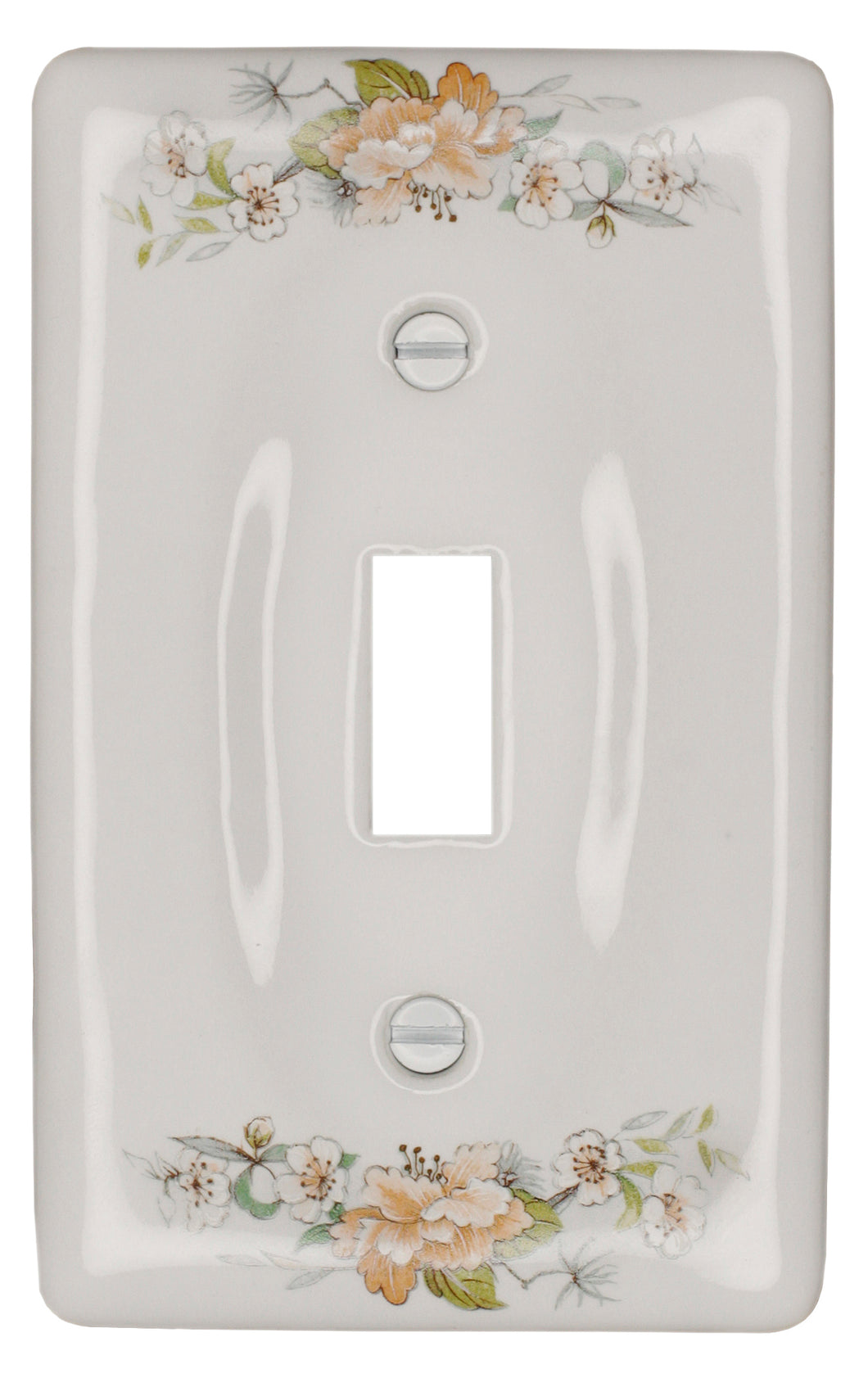 Kiln-fired gloss white genuine porcelain wall plate with One of-a Kind Peach Bouquet Floral pattern for bathroom, spa, or kitchen. high quality and durability. Single Toggle configuration. Screws Included. Do not over-tighten screws to avoid cracking the plate. Do not use automatic screwdrivers.