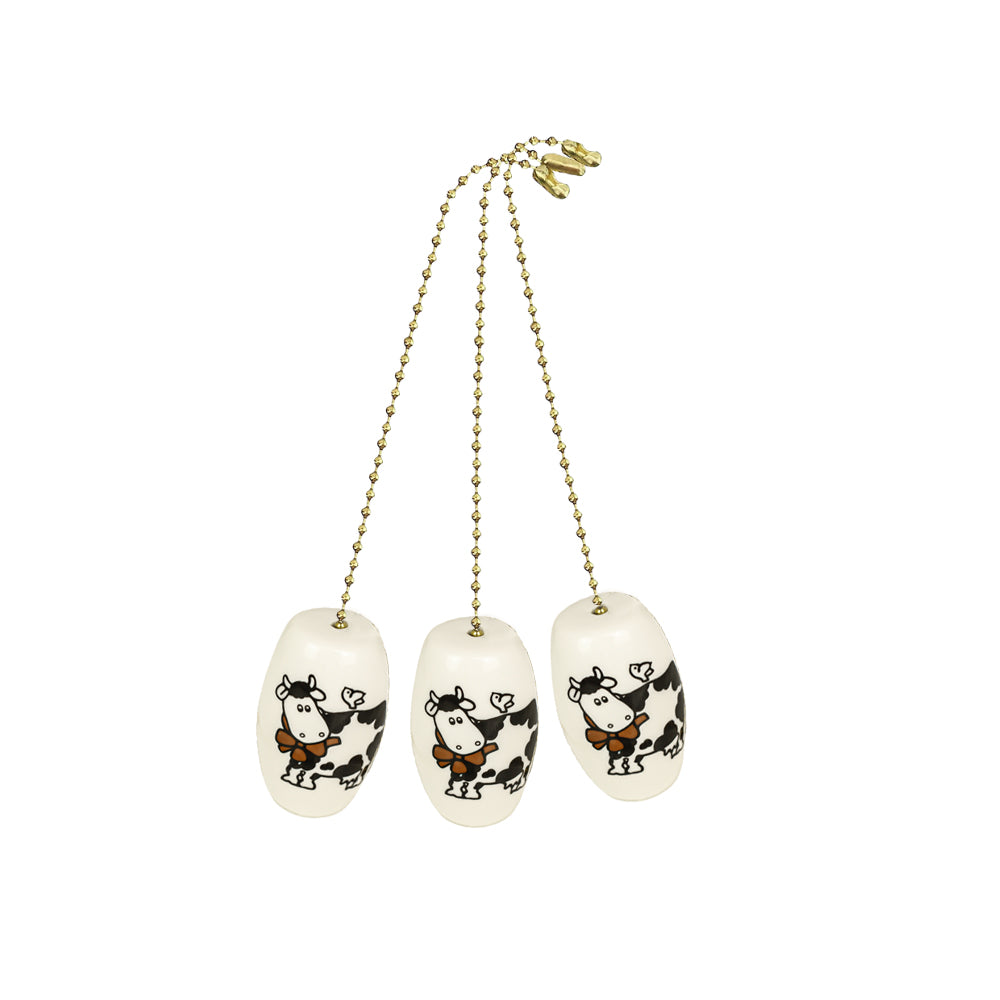 Porcelain Holstein Cow Ceiling Fan Pull with Brass Beaded Chain 3 pack FA107-3
