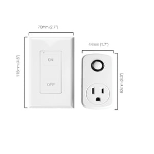 A picture of an On/Off wall-switch and it's plug-in receiver with text and lines measuring out the devices dimensions. The wall-switch measuring out to be 70 millimeters (2.7 inches) wide and 115 millimeters (4.5 inches) high. The plug-in receiver measuring out to be 44 millimeters (1.7 inches ) wide and 82 millimeters (3.3 inches) high. 